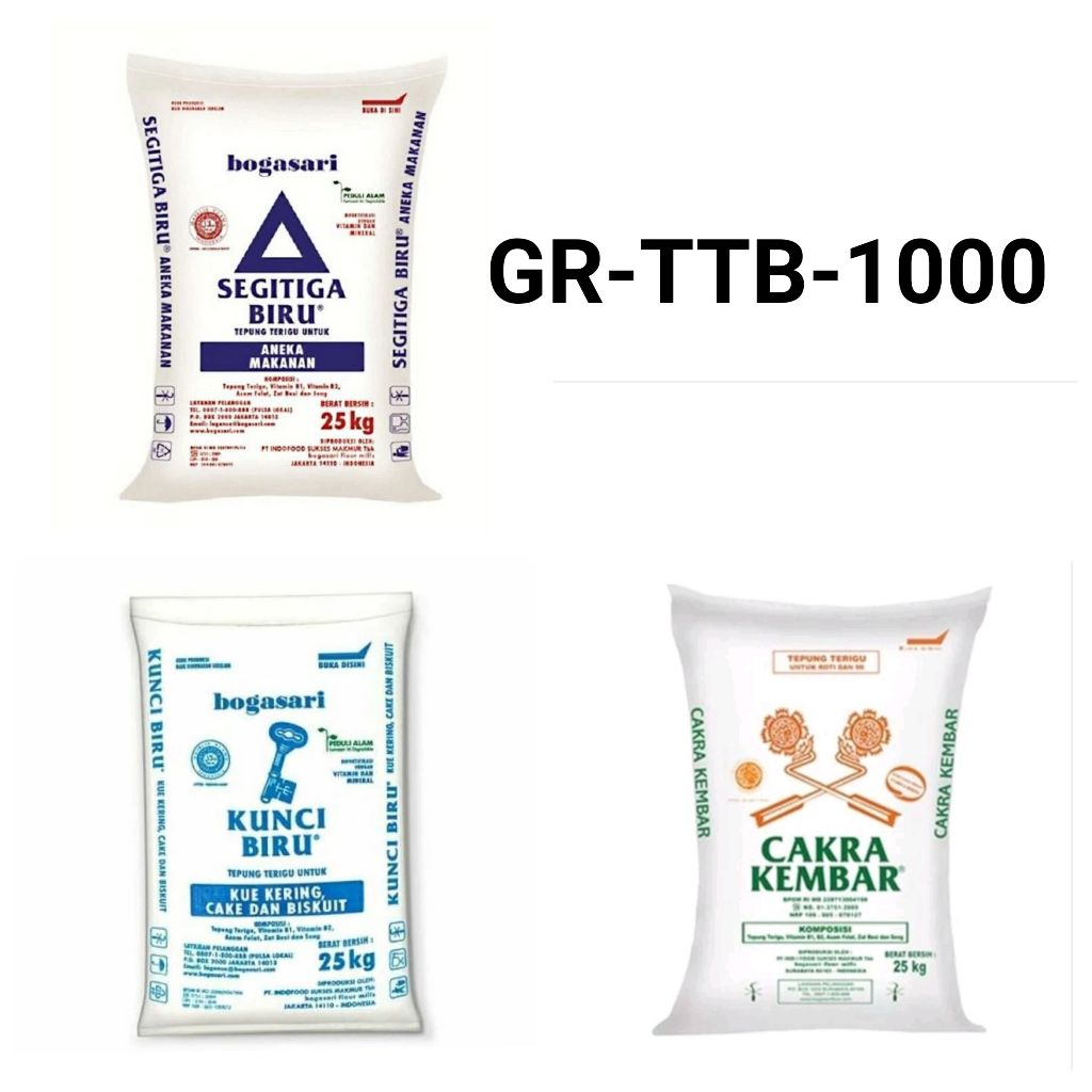 

GR-TTB-1000 Tepung cakra kembar kunci biru segitiga biru 1kg (repack) yamama baking