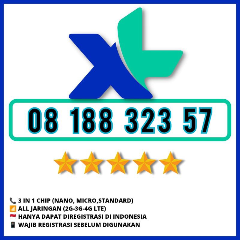 Nomor Cantik XL 10 Digit Prabayar Seri Maju 57 Angka Rapi 08 188 323  57
