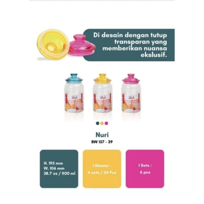 Toples Kaca Nuri Tutup Plastik Warna DLX 1100 ML Toples Serbaguna