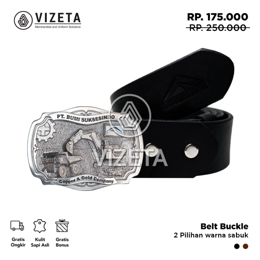 Kepala Sabuk Tambang BSI Souvenir Perusahaan dengan Tali Gesper dari Kulit Asli by Vizeta
