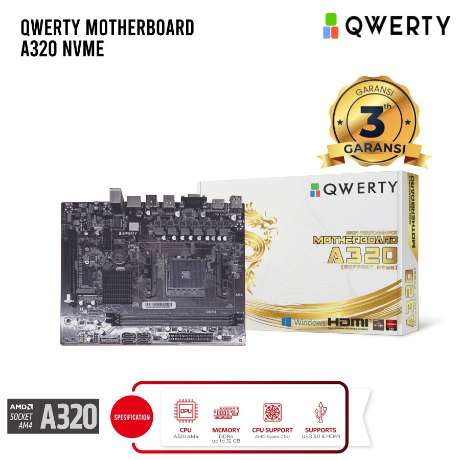 MOBO MOTHERBOARD QWERTY A320 NVME DDR4 SOCKET AM4