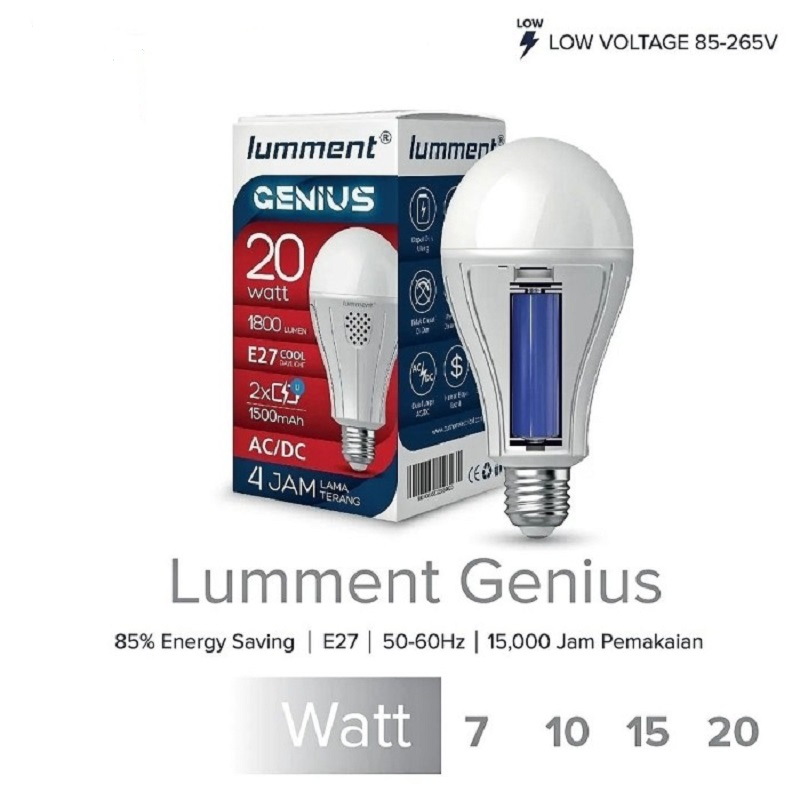 Lampu LED AC/DC Lumment Genius 7W 10W 15W 20 Watt Bohlam Darurat Bulb Emergency Putih