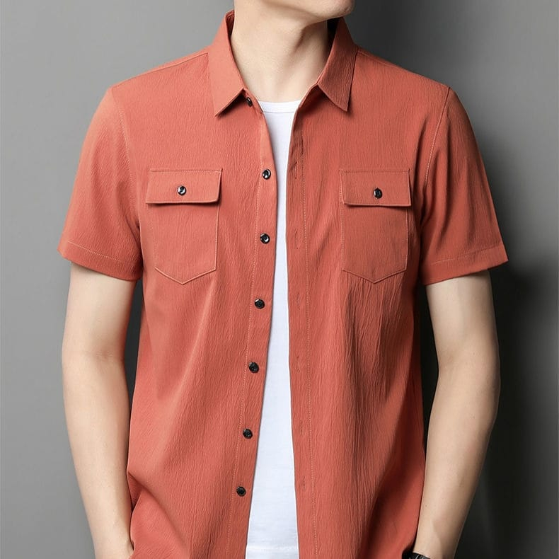 STREETWEAR - Baju Kemeja Pria Slimfit Lengan Pendek Warna Teracota