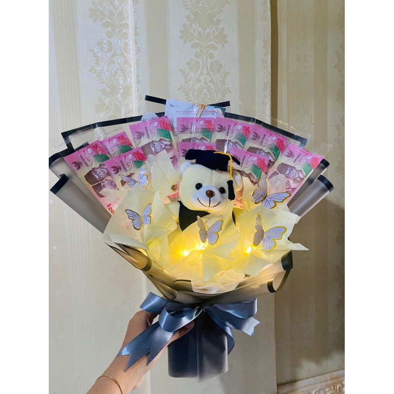 Buket uang kosong LED kupu kupu boneka wisuda cellophane