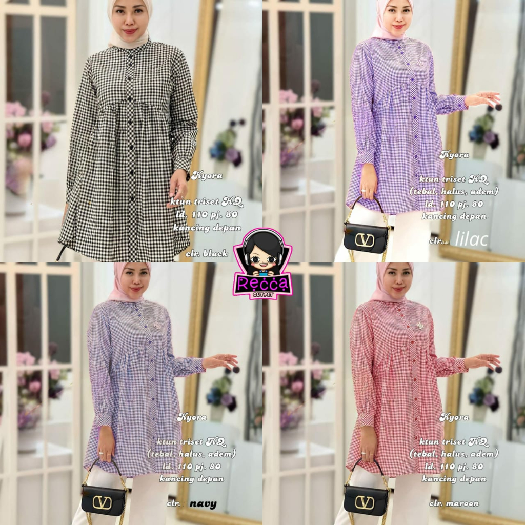 Baju Atasan Wanita Lengan Panjang Kyora Tunik Kotak Kotak Busui Premium Katun Square