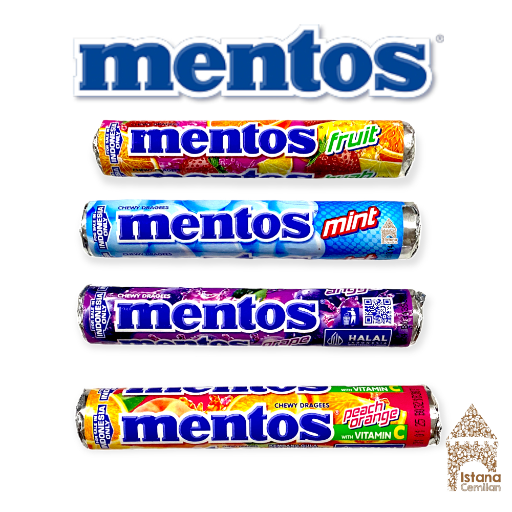 

MENTOS Roll Permen Chewy Dragees Mint / Fruit / Peach Orange / Anggur 29 Gram