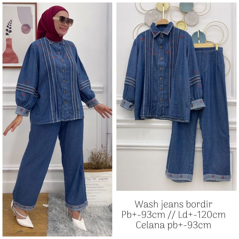 Flower Jeans Set warna biru setelan wanita kemeja blouse celana panjang mix bordir fit to XXL fashio