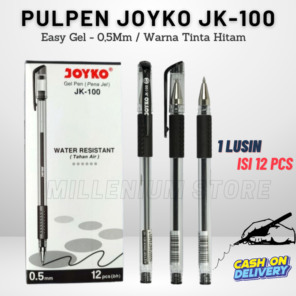 

1 Pak ( 12 Pcs ) Pulpen Joyko Jk-100 - Easy Gel Hitam Mata Pena 0.5Mm - Bolpen Gel Easy Gel - Pena Joyko Jk-100 / Alat Tulis Sekolah / Atk Kantor / Toko Gemilang