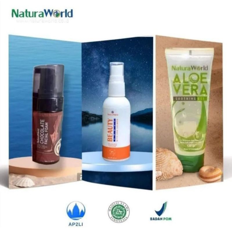 1paket NATURAWORLD NATURAWORLD LENGKAP NATURA BEAUTY SPRAY ALOEVERA CHOCOLATE FACIAL FOAM ORIGINAL B