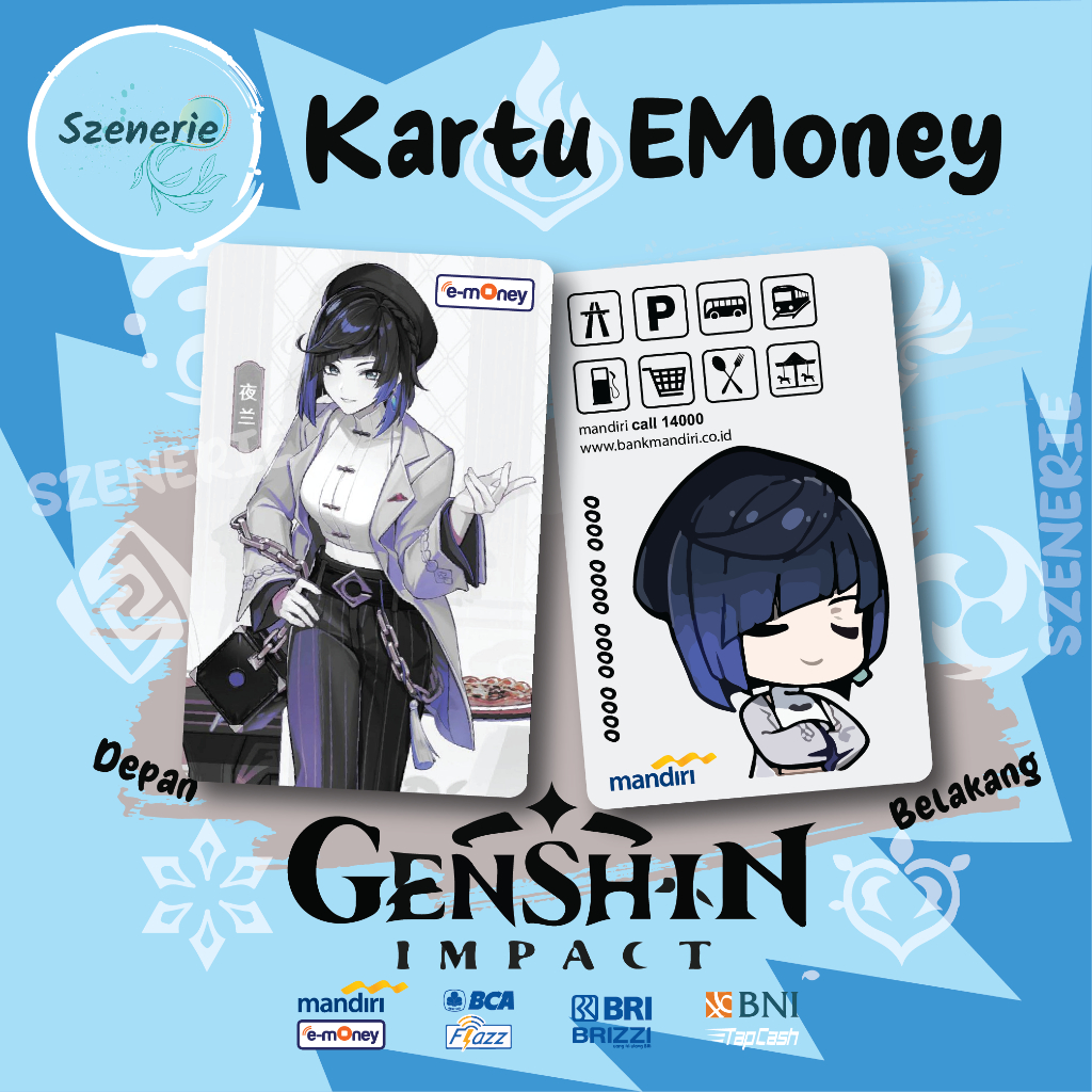 Emoney Custom Yelan Genshin Flazz gen 2 Mandiri BCA Tapcash BNI Brizzi BRI NFC Genshin Impact 2 sisi