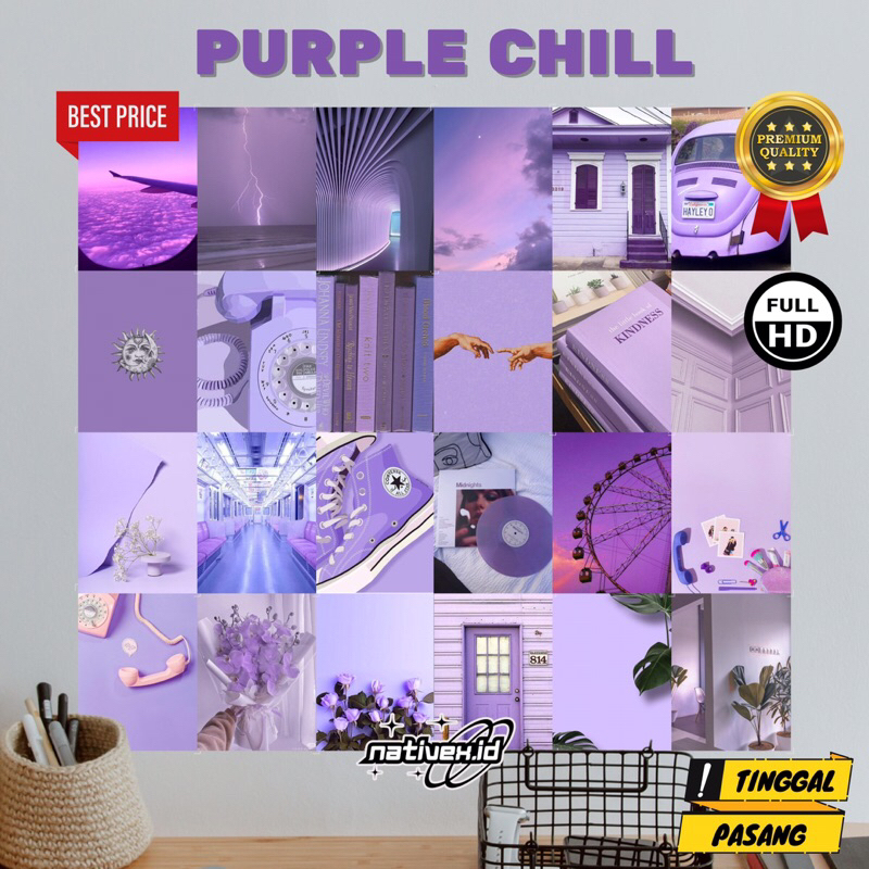 (Isi 24 Pcs) Poster Dinding Aesthetic | Poster Dinding Tema Purple chill | Poster Dinding Ungu | Pos