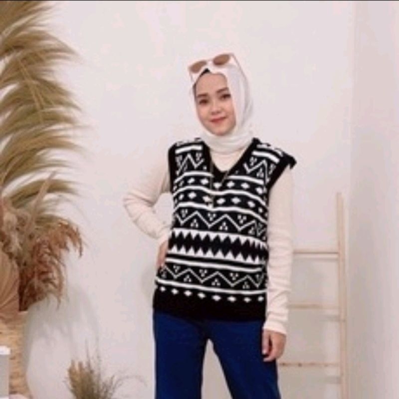 Vest Knit Motif Batik Maroko - Atasan Baju Rompi Rajut Wanita lucu