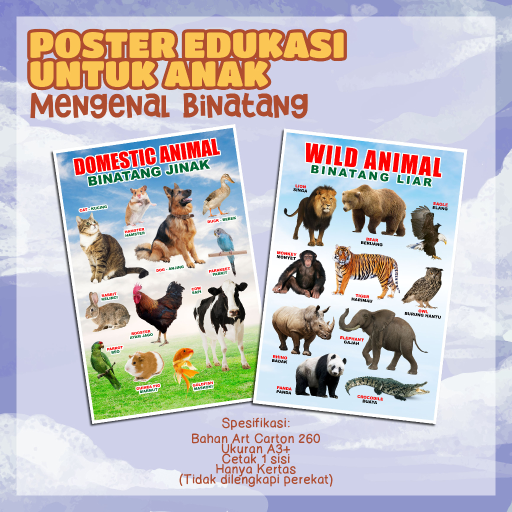 POSTER PEMBELAJARAN MENGENAL HEWAN / BINATANG - Poster Edukasi Anak Bilingual / 2 bahasa - Mengenal 