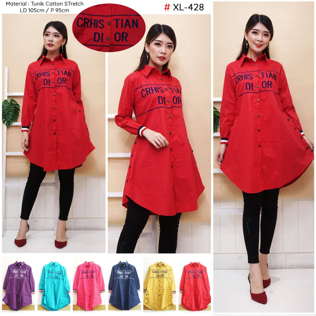 Baju Tunik Wanita Bordir Tulisan Bahan Katun Stretch Ukuran XL