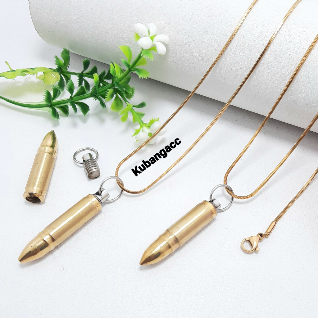 Kubangacc - Kalung Plus Bandul - Kalung Titanium Model Kotak Plus Liontin Model Peluru Gold Drat