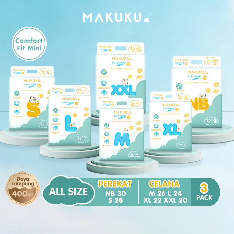 [3 PACK] MAKUKU SAP Diapers Comfort Fit All Size NB/S/M/L/XL/XXL  Popok Bayi Tipis Extra Dry Anti Gu