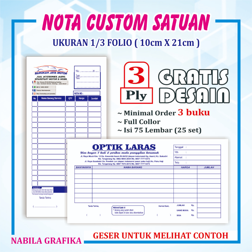 Cetak Nota 3 ply 1/3 folio custom nama usaha olshop sendiri free desain