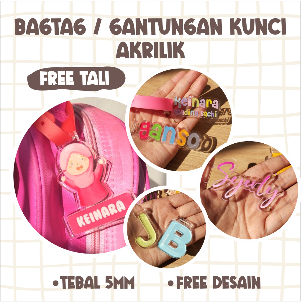 Gantungan Kunci Ganci Custom Akrilik Keychain Bagtag Nama Inisial