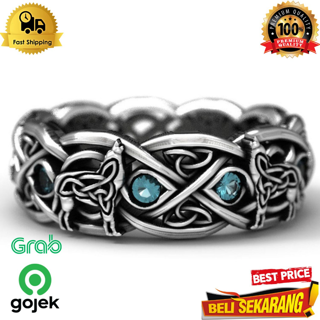 Cincin pria titanium silver serigala viking nordic batu biru ,/ cincin pria / cincin titanium silver