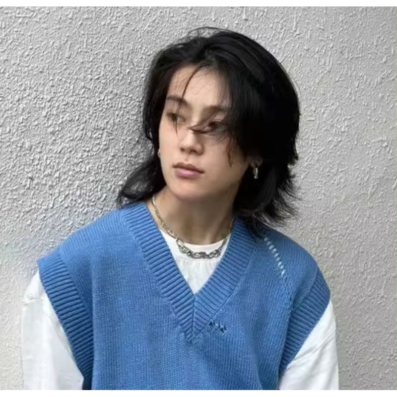 Wig Rambut Palsu Pria belah tengah panjang Hitam