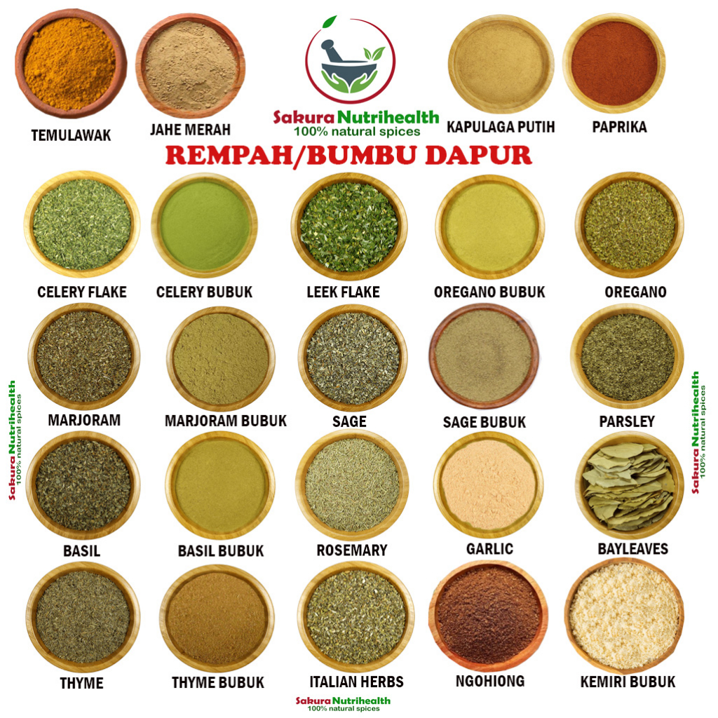 

Rempah Bumbu Dapur Oregano Marjoram Basil Parsley Rosemary Oregano bubuk Marjoram Bubuk Basil Bubuk Leek Flake Chelery Flake Bay Leaves Thyme Ngohiong Paprika Thyme bubuk Italian Herbs Garlic