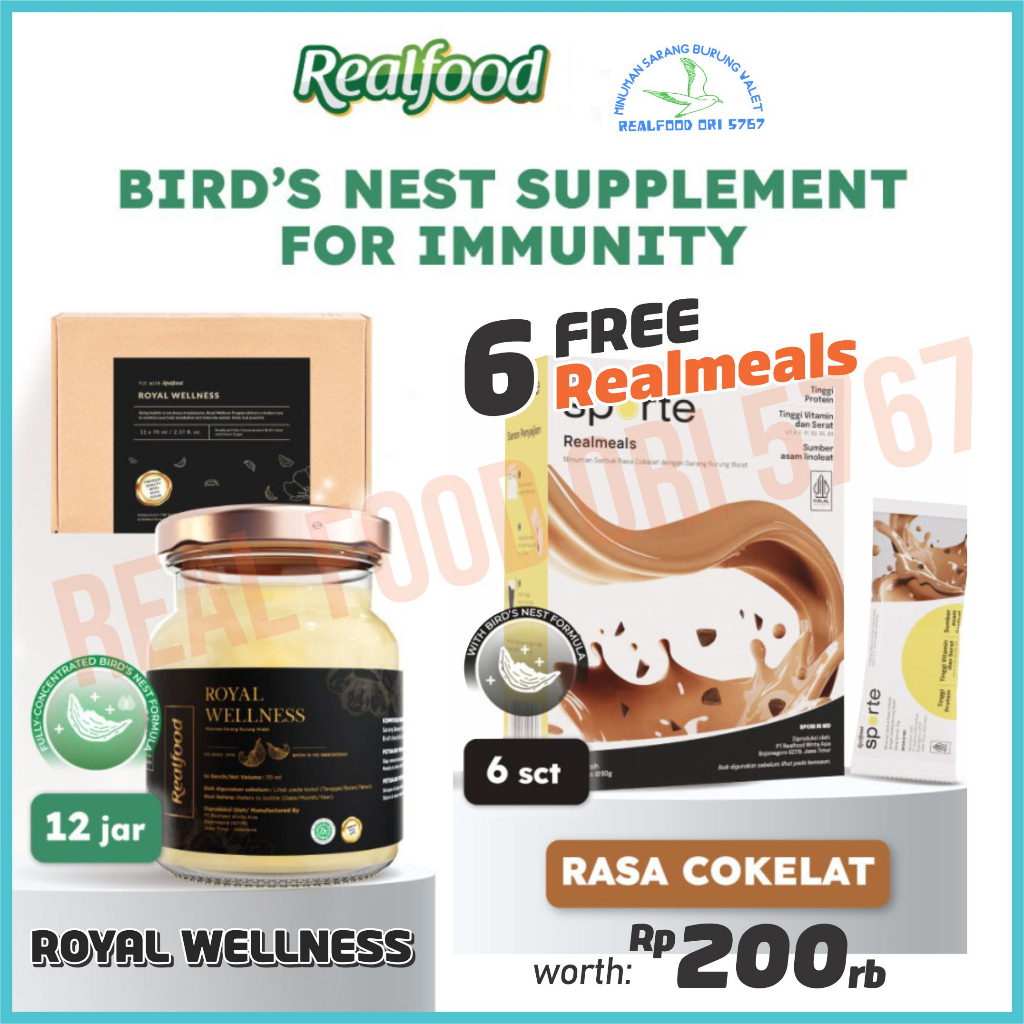 

Realfood Royal Wellness 12 Jar Free Hadiah Bird Nest | Sarang Burung Walet | Imun Booster | Vitamin BPOM BIRDNEST ORI