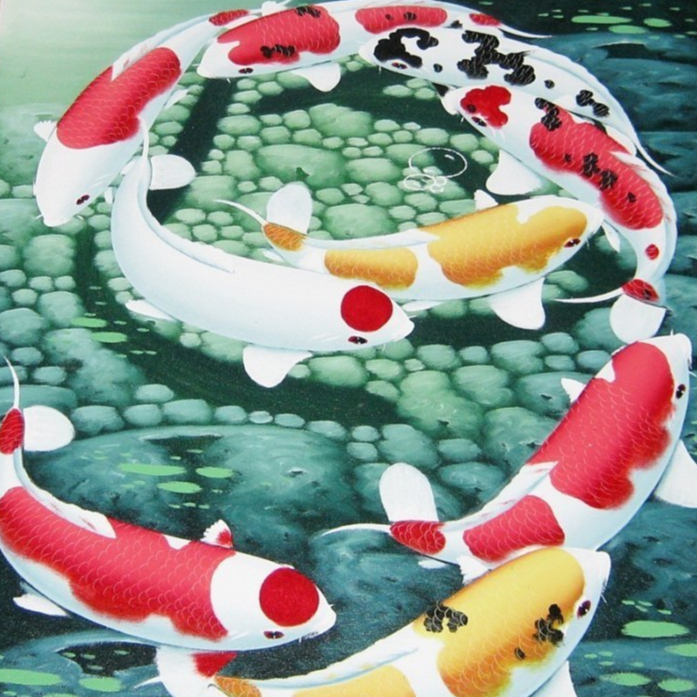 Lukisan Ikan Koi 9 yang Membentuk Angka 9 nuansa hijau segar