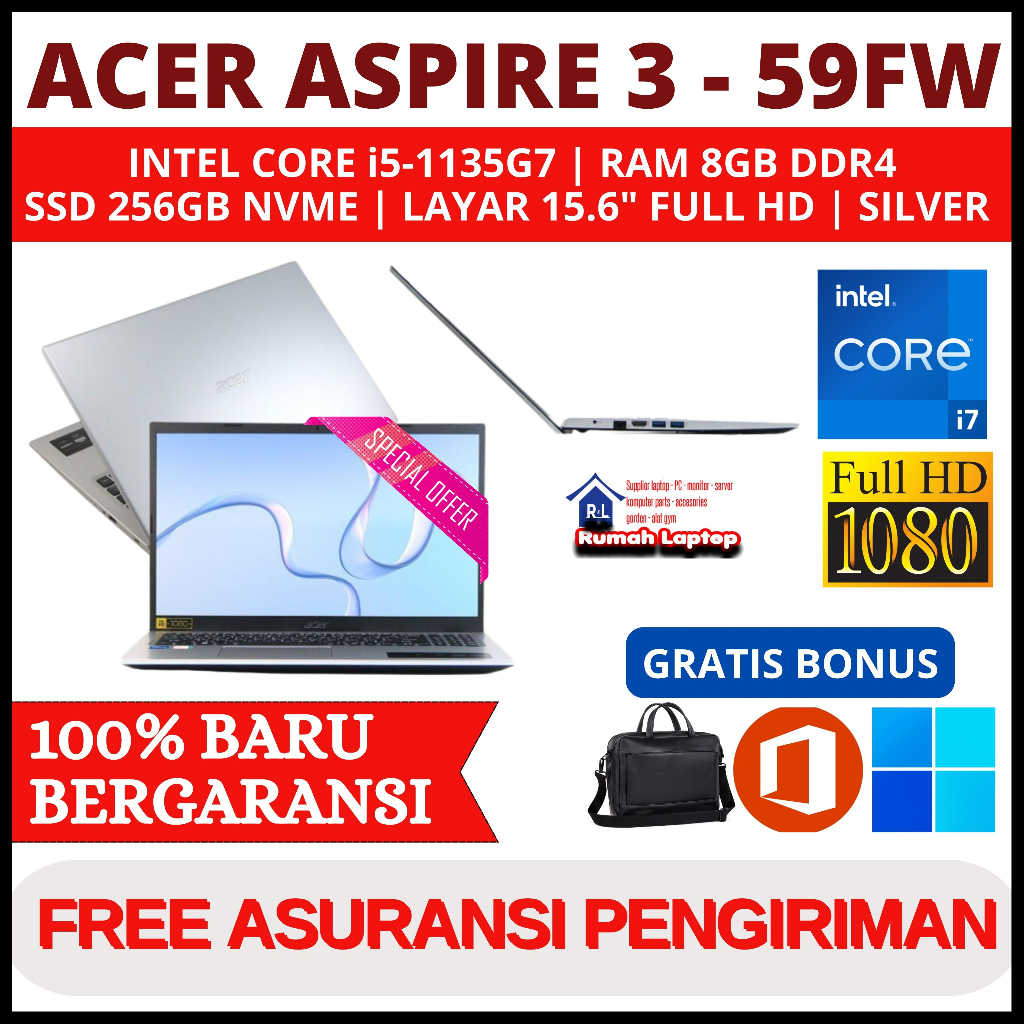 Laptop Baru Acer Aspire 3 A315-58-59fw Core i5-1135G7 Ram 8Gb Ssd 256Gb Layar 15.6" Full Hd Silver