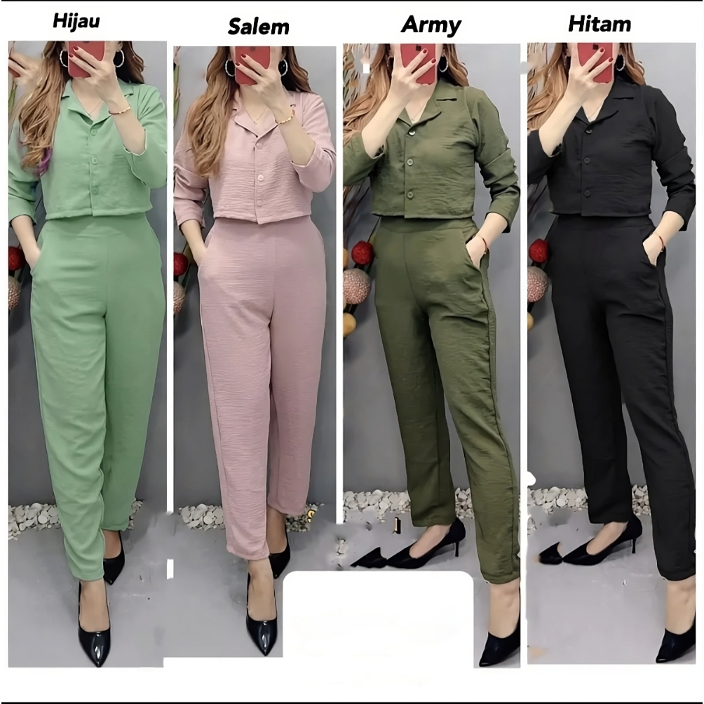 One Set Crop Sheva Lengan Panjang Baju Celana Terbaru
