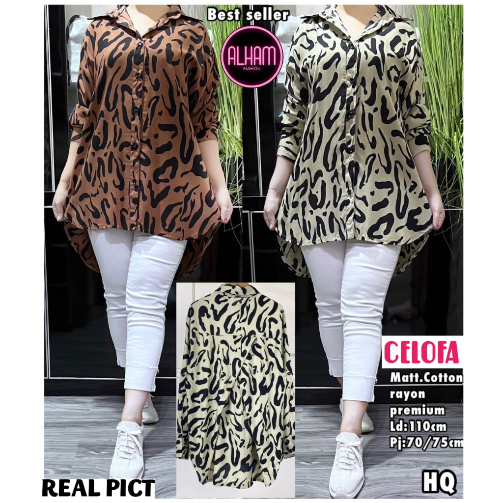 Celofa Blouse Baju Atasan Kemeja Wanita Motif Loreng Macan Ld 110 Harian Kuliah Kerja Kantor Busui K
