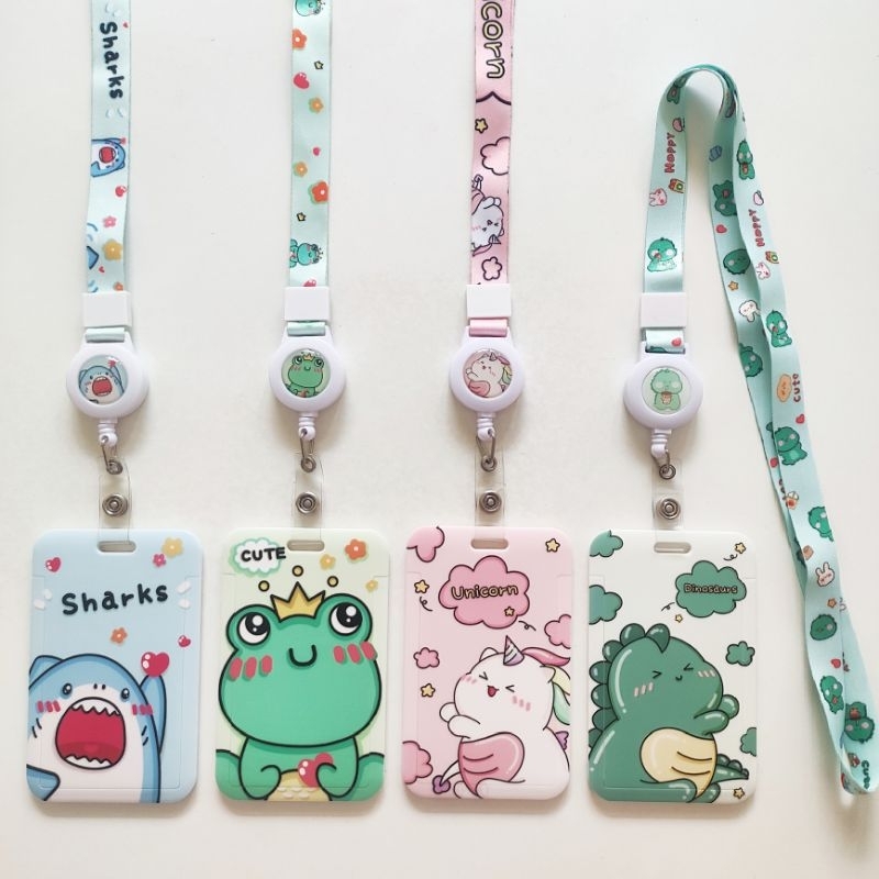 

ID Card Holder Name Tag Lanyard Badge Reel / Kalung Wadah Kartu Cute Animal Unicorn Shark Dinosaur Frog