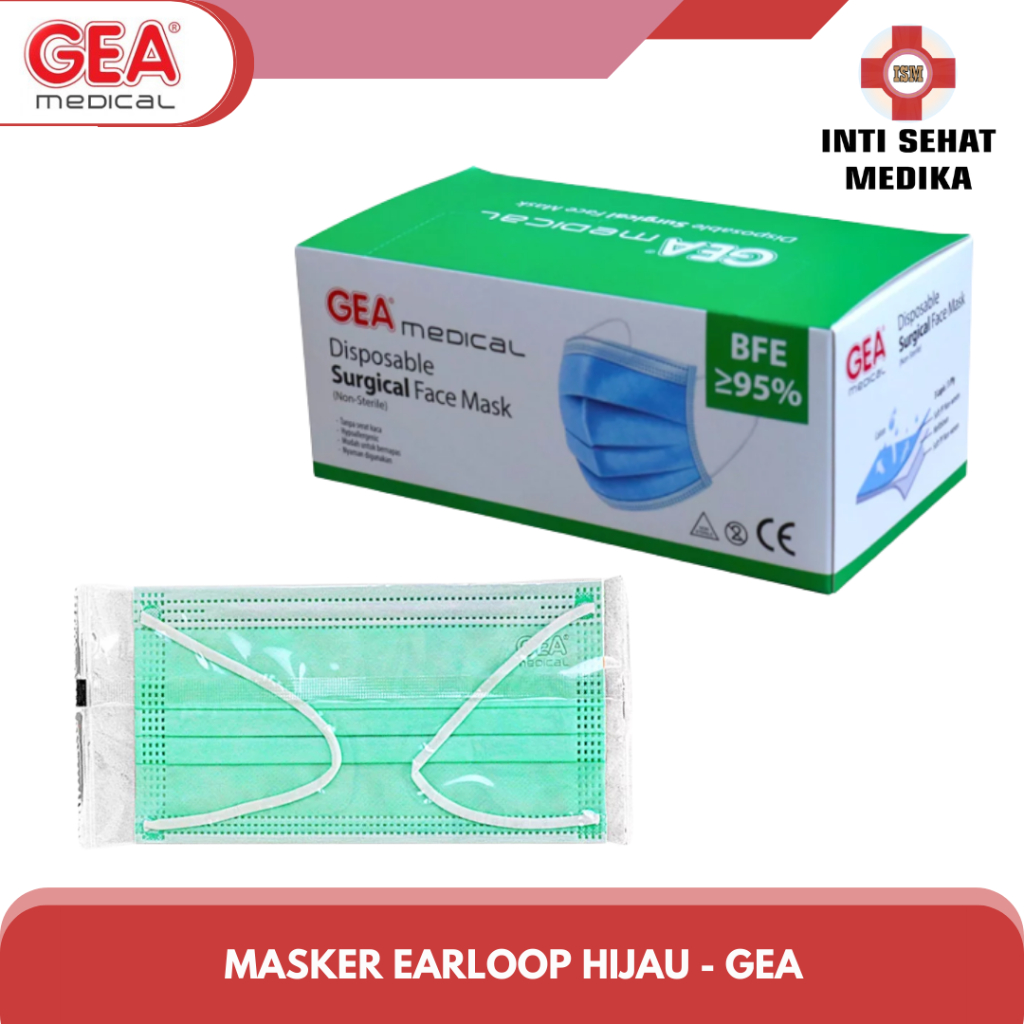 Masker Earloop 3 Ply Hijau | Masker Karet 3 Ply | Masker Medis / Masker GEA Hijau