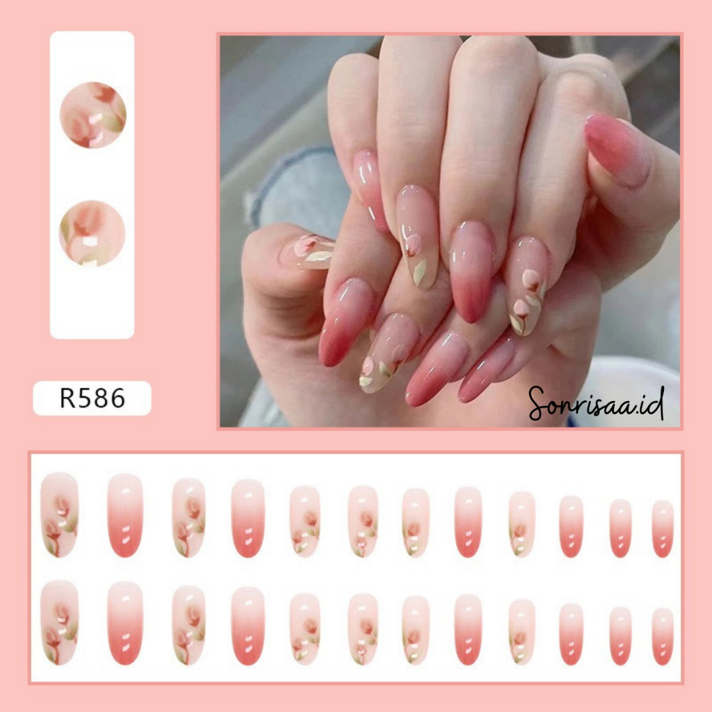 Kuku Palsu Motif Bunga Pink 24pcs (R586) / Nail Art / Fake Nails / Kuku Palsu Panjang