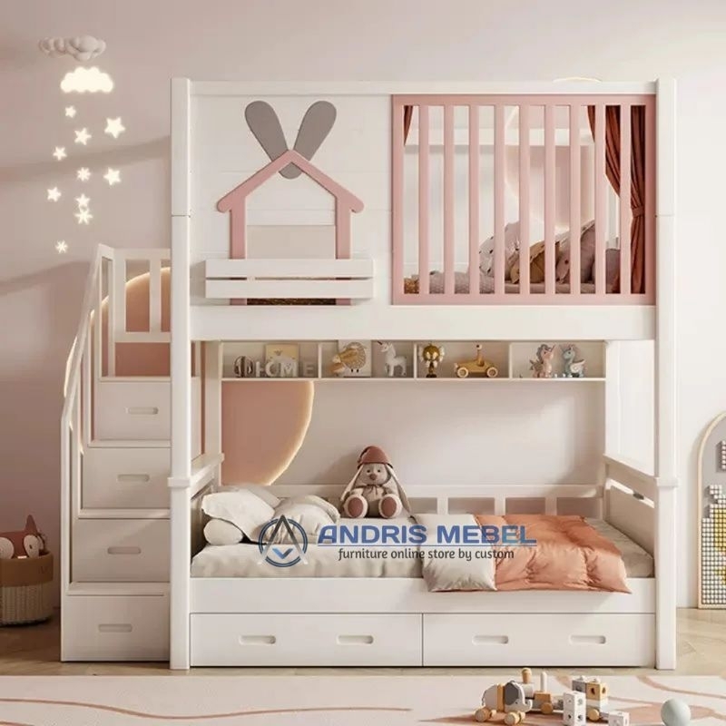 Ranjang tingkat anak custom motif, tempat tidur tingkat 2 susun laci