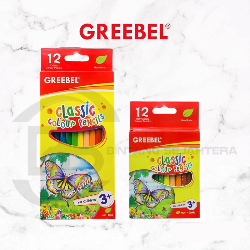 

GREEBEL Pensil Warna Classic 12 Warna PANJANG DAN PENDEK / Coloring Pencils bonus kuas Cerah Tidak Berdebu & Tidak Beracun (Non toxic)