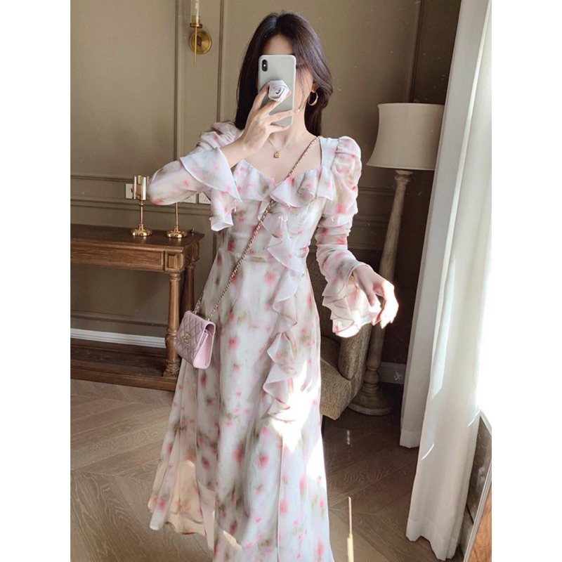 Meiqi Dress Floral Korean Vintage Summer Spring Sweet Street Holiday Hijab Long  Lilac Pink Gaun Wan