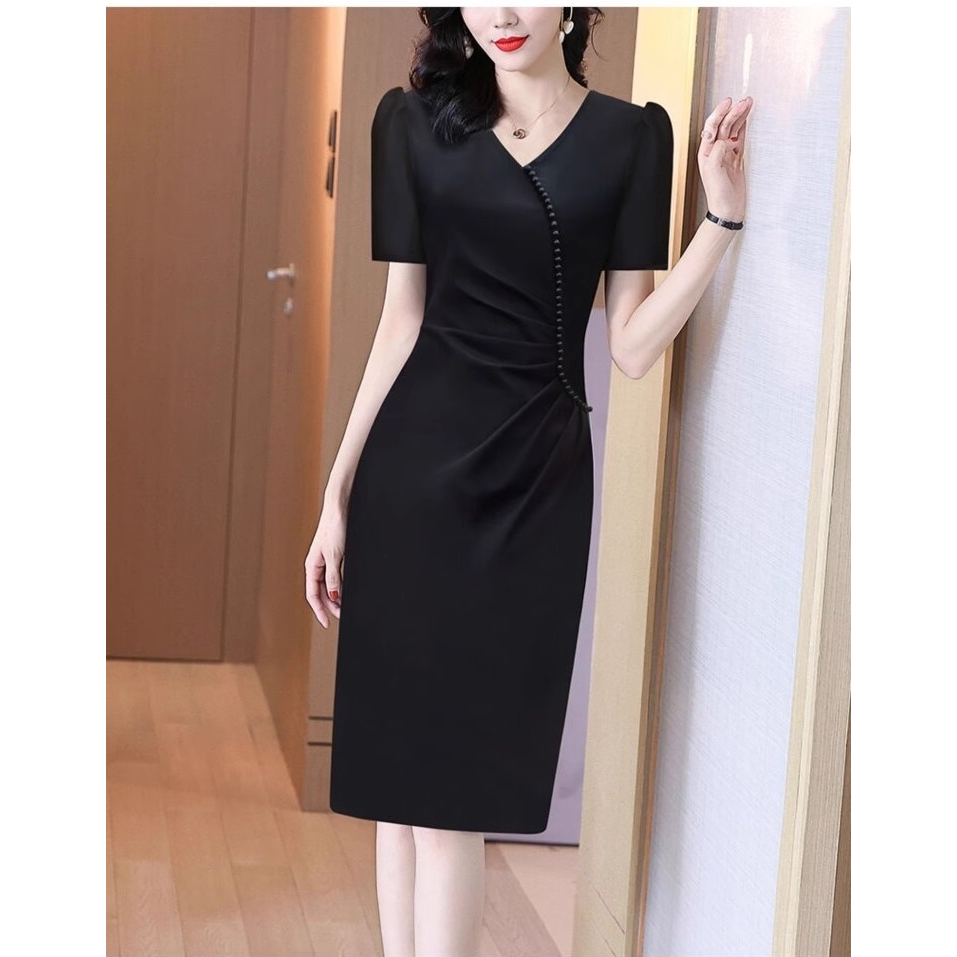 Gaun Pesta D23040 Hitam Lengan Pendek V Neck Party Dress