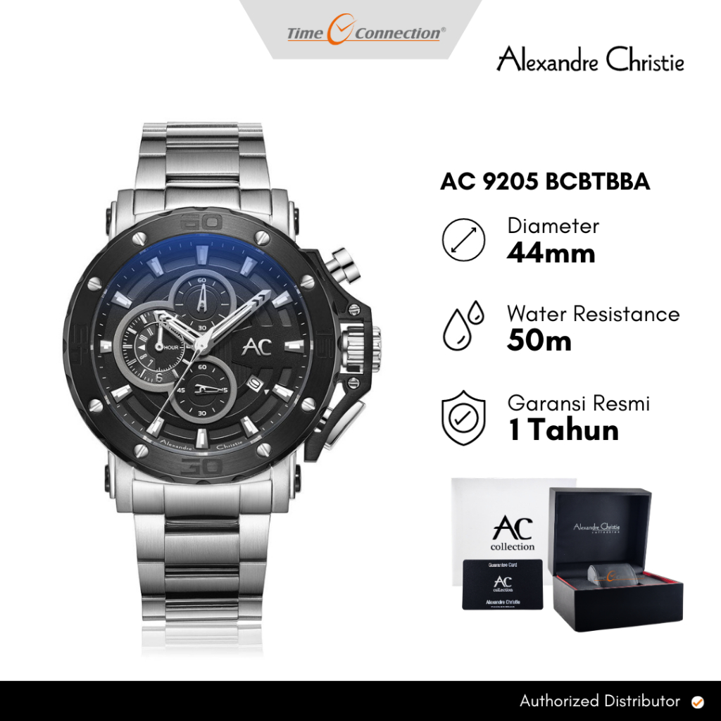 Alexandre Christie AC 9205 BCBTBBA Silver Hitam Original / Jam Tangan Pria Rantai AC Collection BC