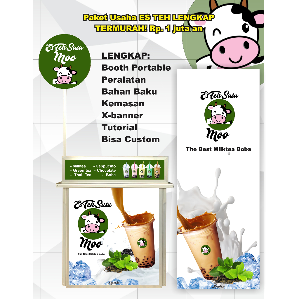 Paket Usaha Minuman lengkap Franchise ES TEH SUSU MOO  / Es coklat / Es Teh Murah Bisa Custom Pake N