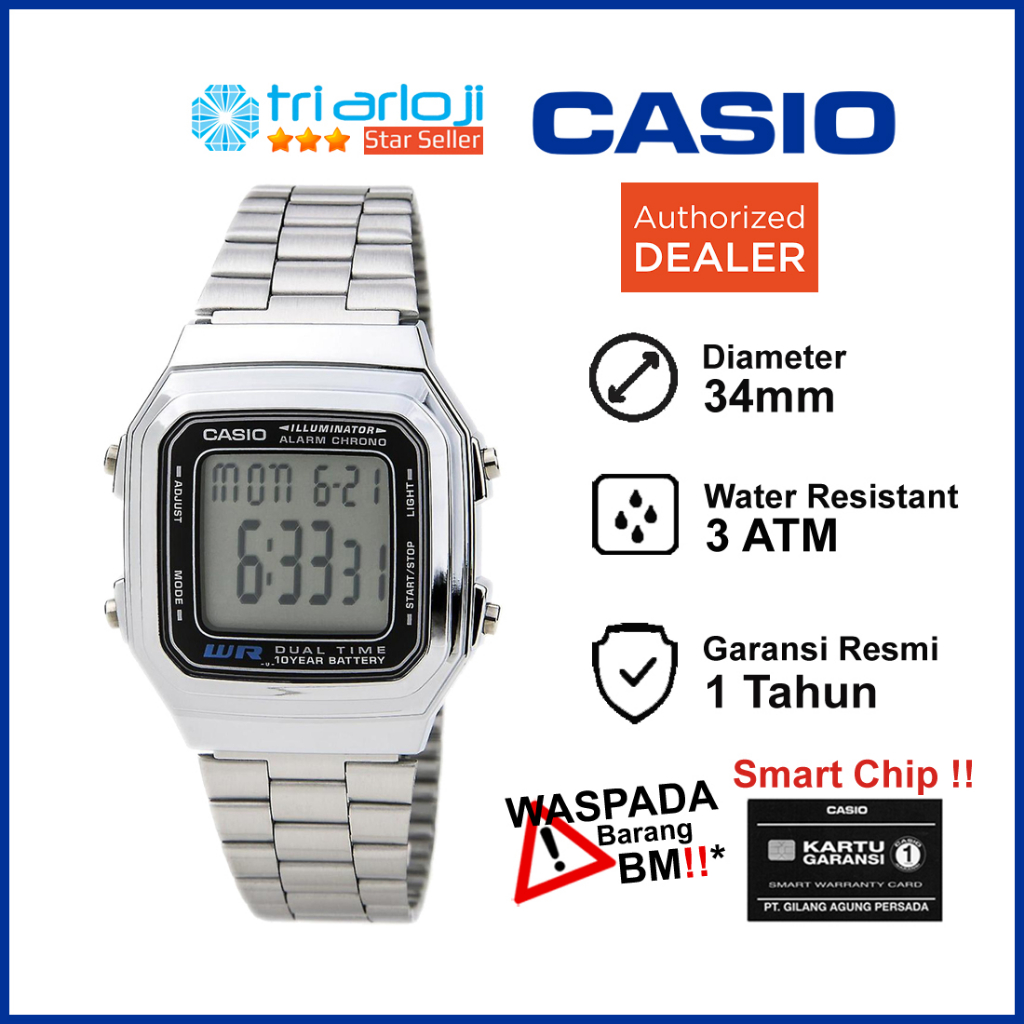 CASIO A178WA-1ADF Jam Tangan Unisex Digital Original Stainless Steel A178WA-1A A178WA