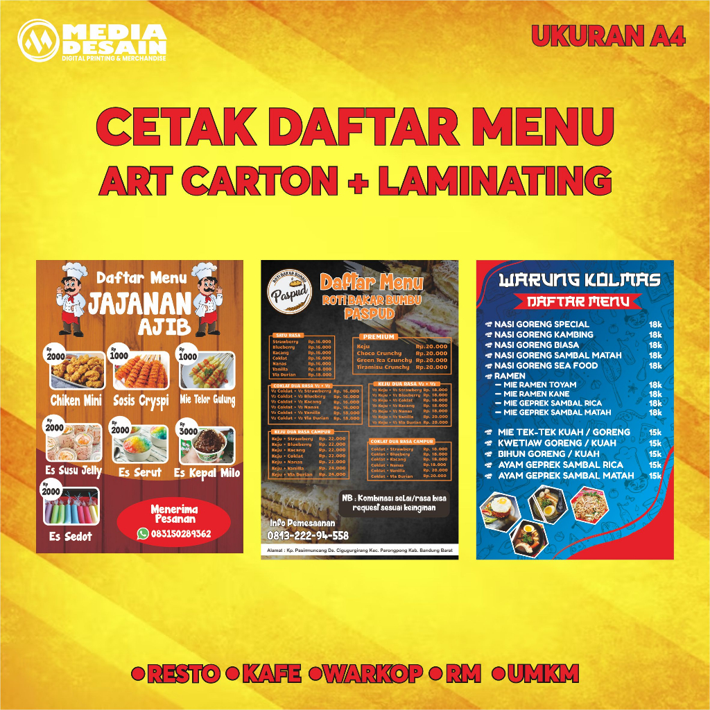 

CETAK DAFTAR MENU MAKANAN MINUMAN KARTON PLUS LAMINATING