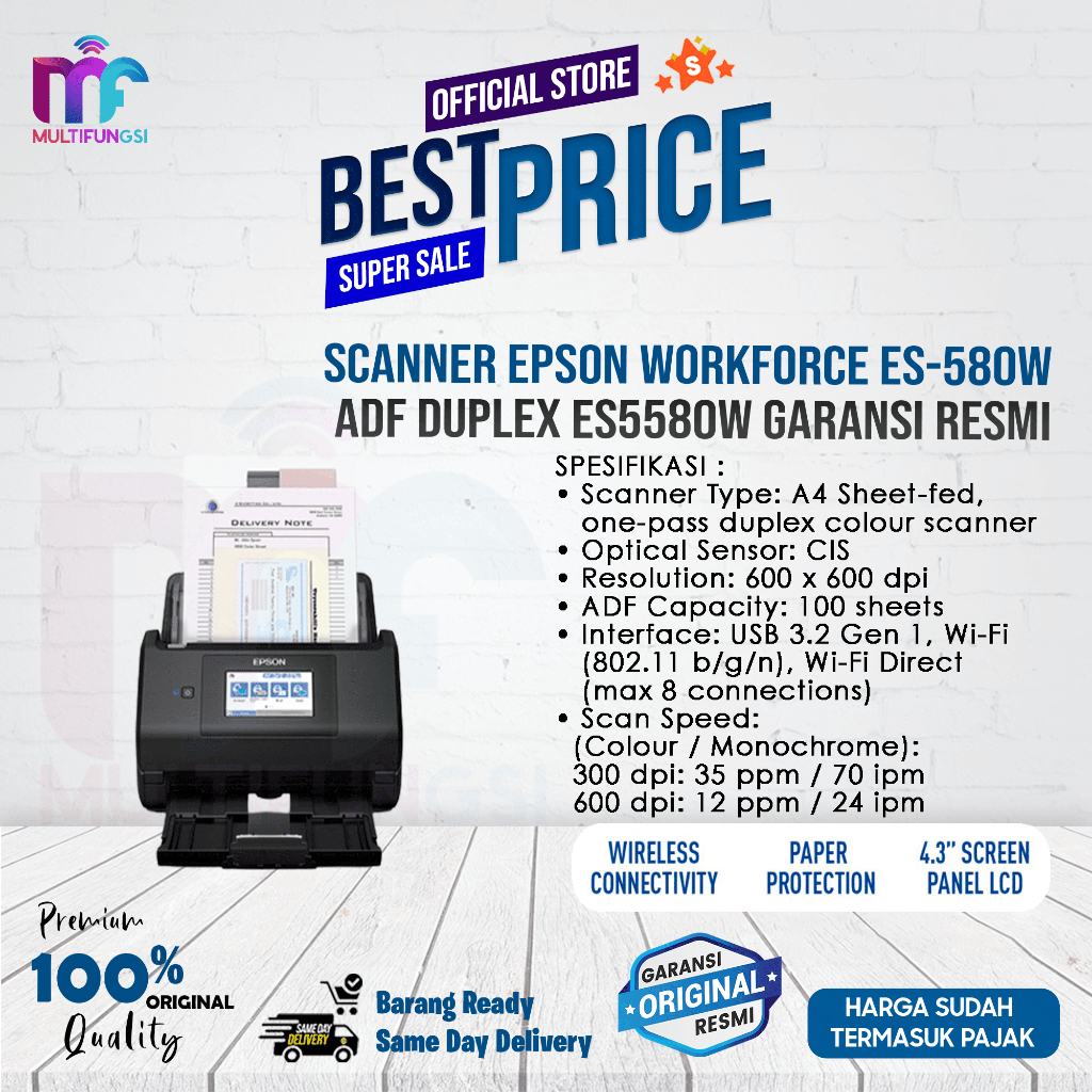 Scanner Epson WorkForce ES-580W ADF Duplex ES580W Garansi Resmi