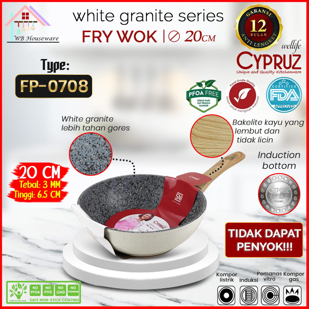CYPRUZ Panci Fry wok 20cm white granite anti lengket / wajan masak listrik induksi / kuali penggoren