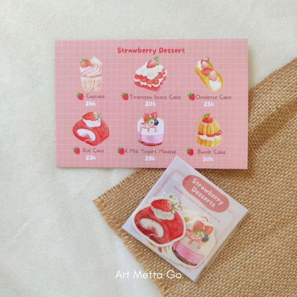 

Bundle Sticker (Isi 12) & Postcard Strawberry Desserts | Paket Stiker & Kartu Pos Makanan Dessert Stroberi Lucu | Stiker Journaling | Designed by Art Metta Go