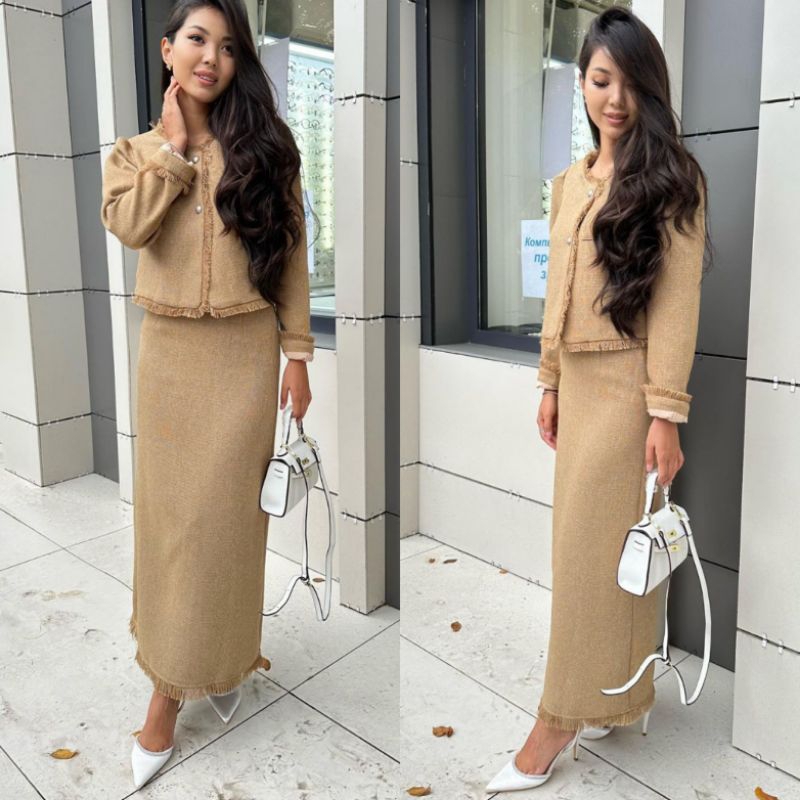 set choco tassel taglabel tweed top+skirt