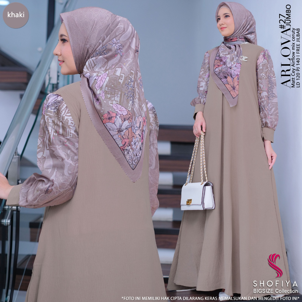 arlova27-kaki dress jumbo ld 120 pakaian baju gamis syari gaun long dres longdress maxi maxy xxl one