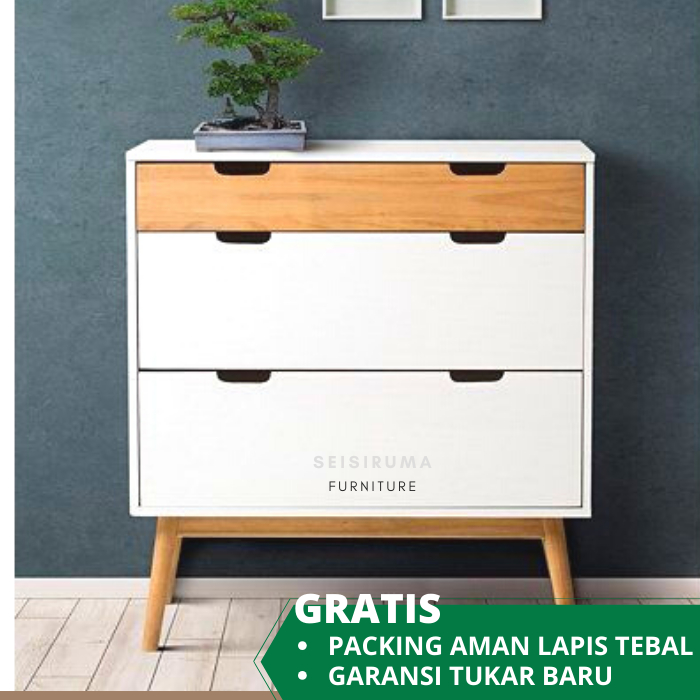 Meja Nakas Minimalis Modern Aesthetic 3 Laci Putih Variasi Serat