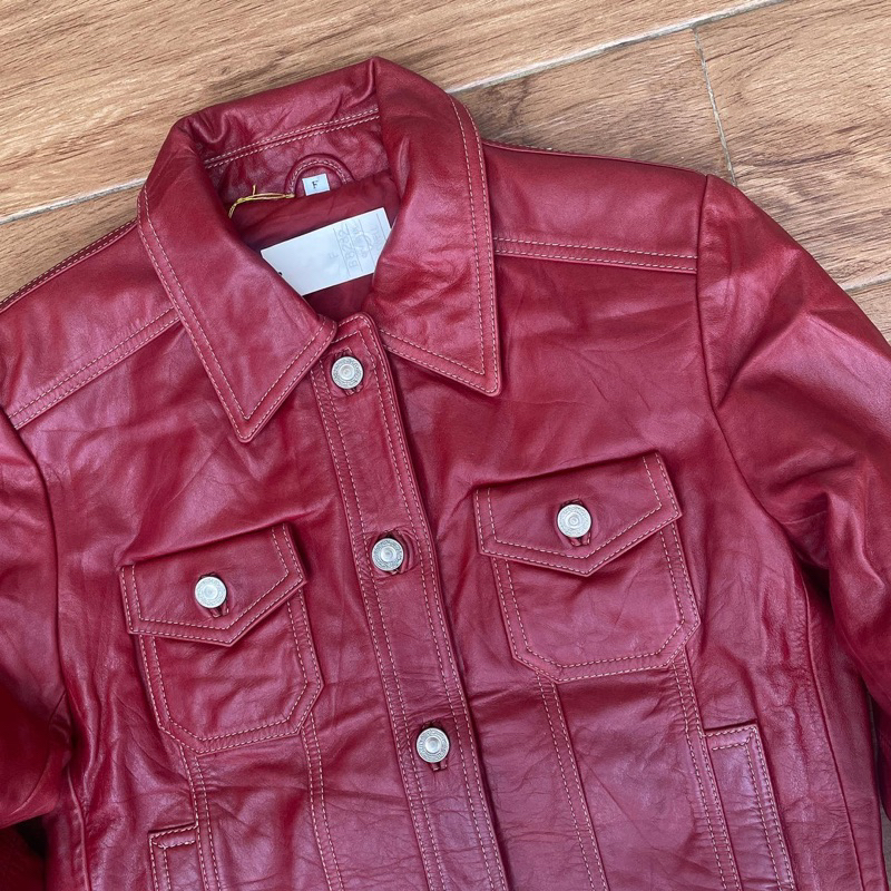 Jaket kulit sapi levis kemeja merah trucker Pl bekas preloved second Leather jacket