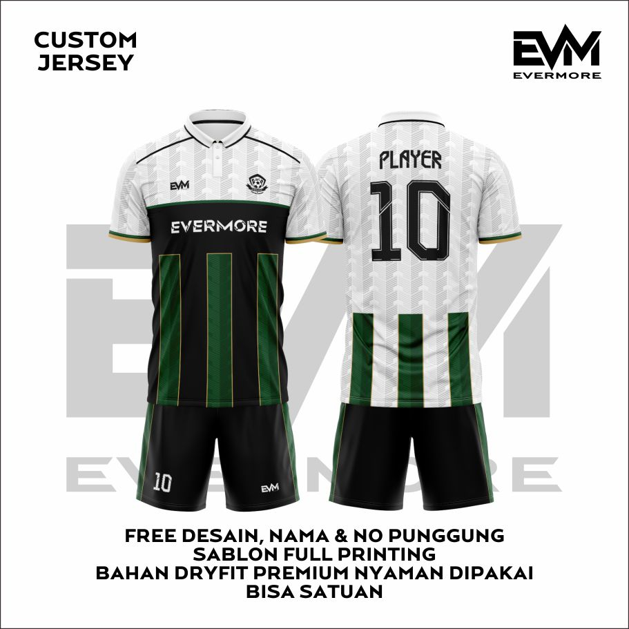 Jersey WHITE LIST GREEN Custom FULL Printing Premium Dryfit Evermore Sportwear