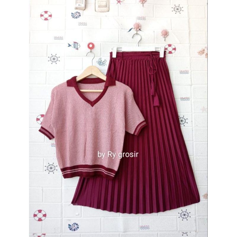 SETELAN ANAK MEYRA ATASAN RAJUT + ROK PLISKET KEKINIAN